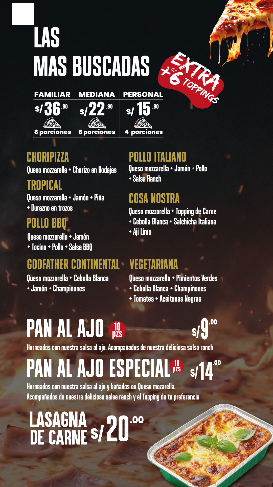 Carta Godfather Pizza 2026: pizzas más buscadas, pan al ajo y lasagna