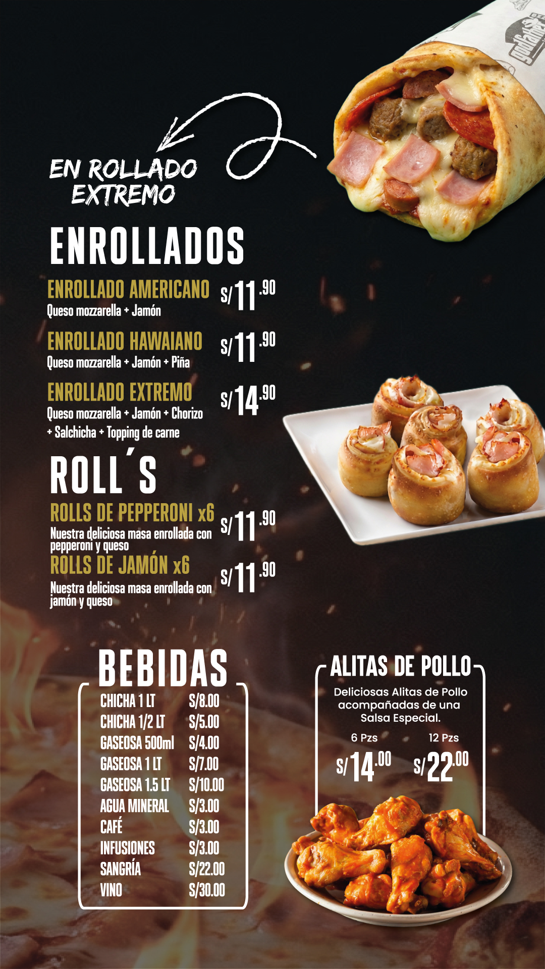 Carta Godfather Pizza 2026: enrollados, rolls, bebidas y alitas