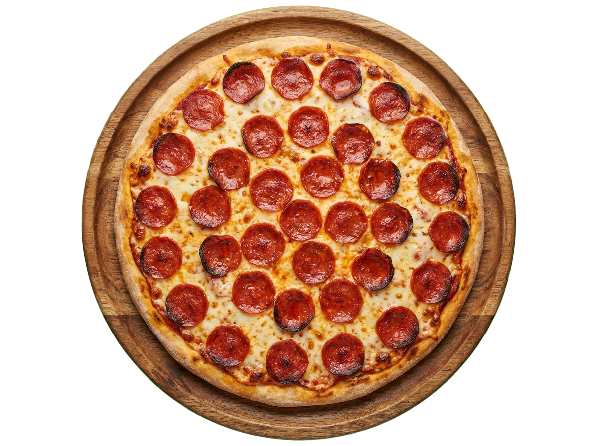 Pizza de pepperoni Godfather sobre una tabla de madera