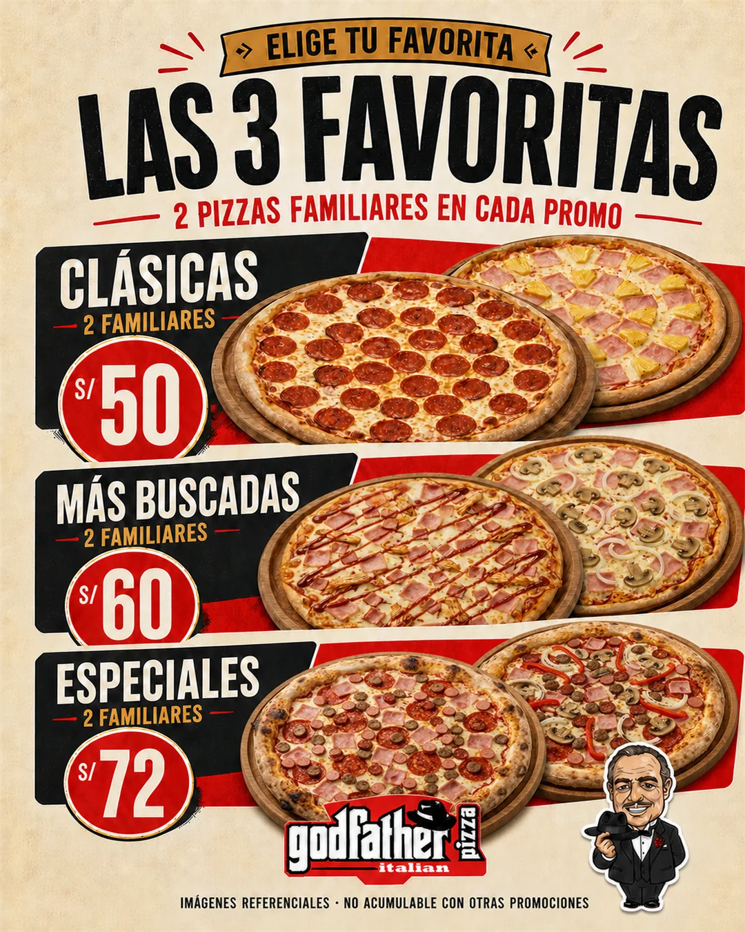 Promoción Las 3 Favoritas de Godfather Pizza