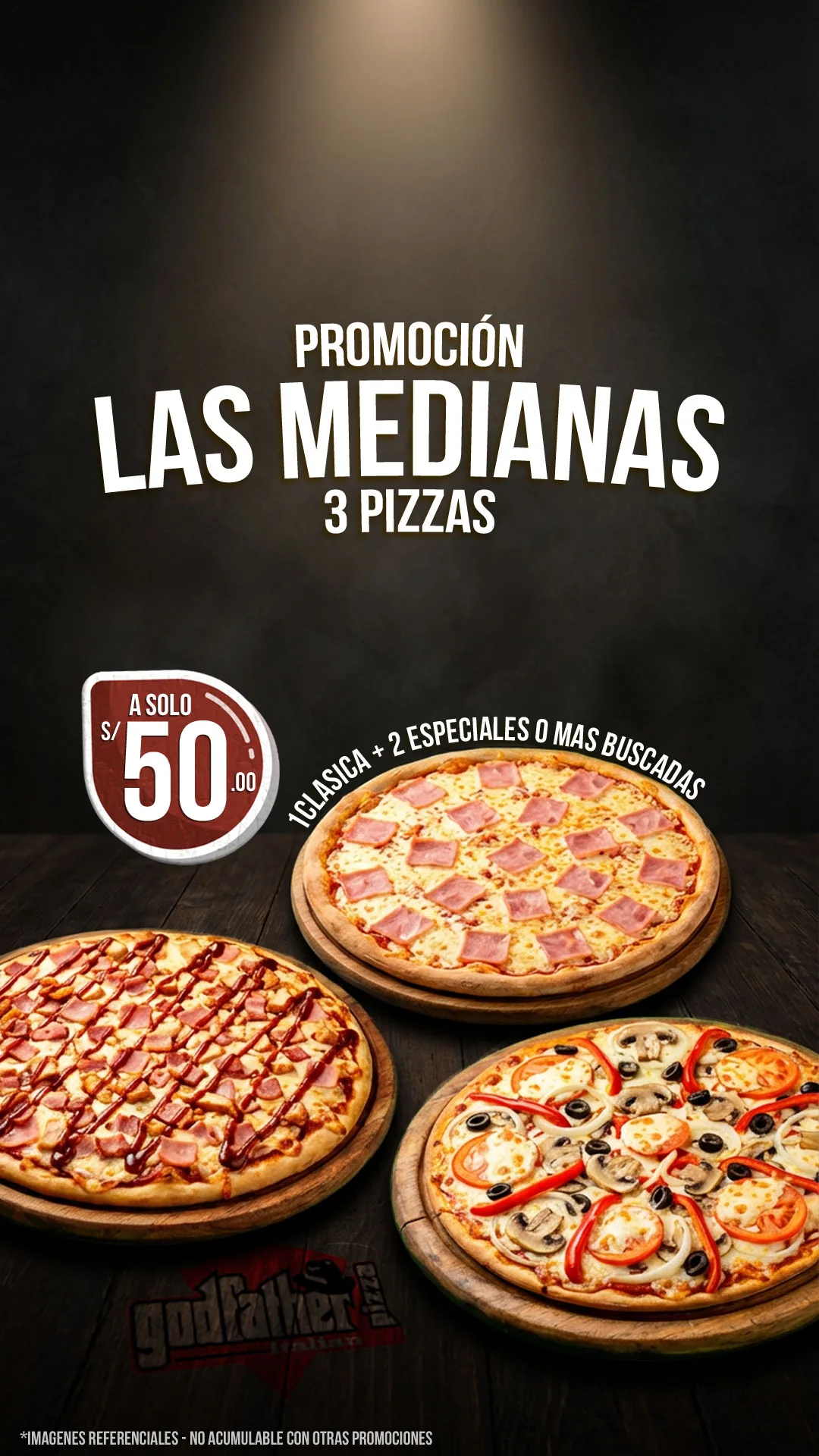 Promoción de pizzas medianas Godfather Pizza