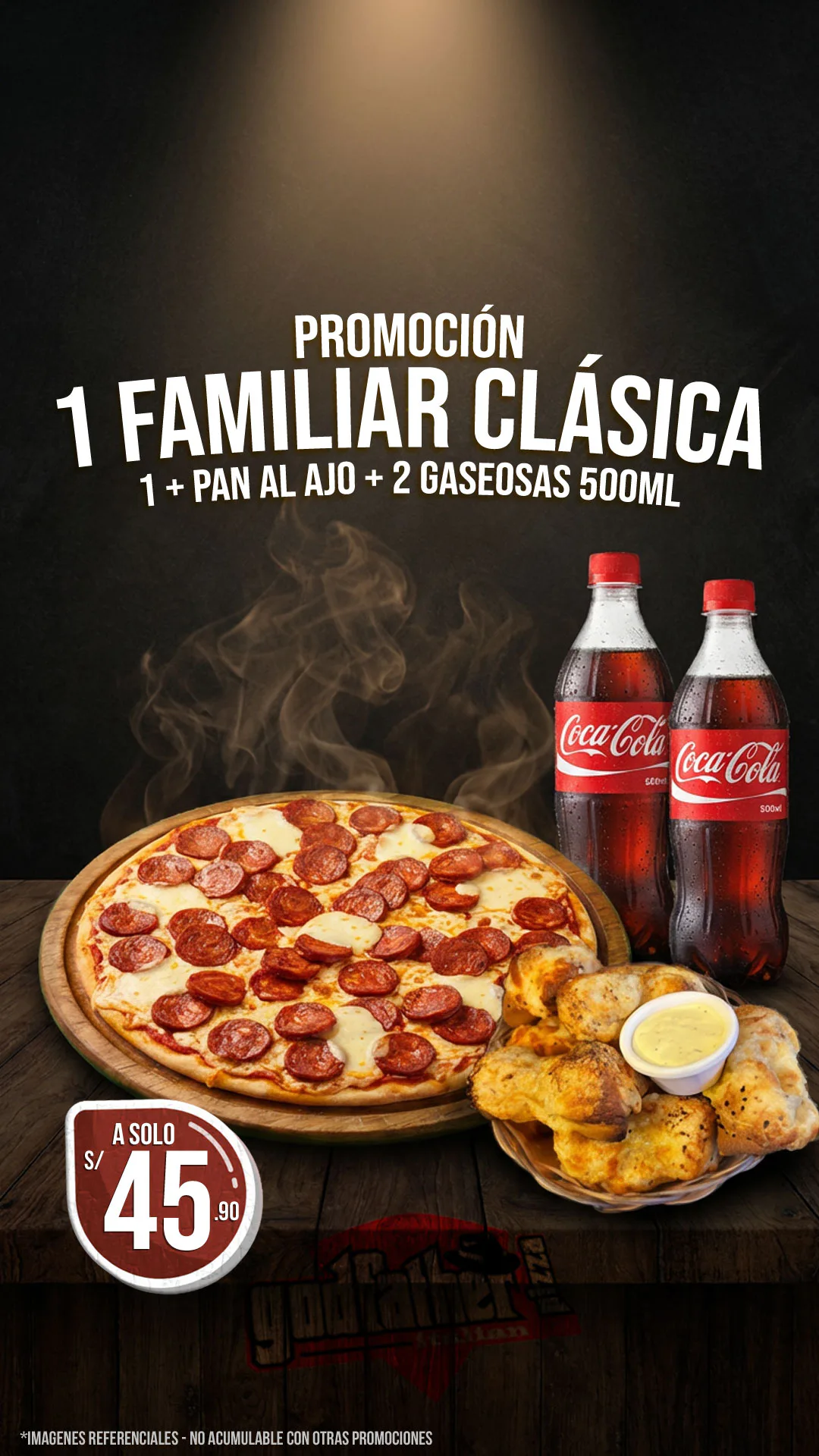 Familiar Clásica con pan al ajo y 2 gaseosas