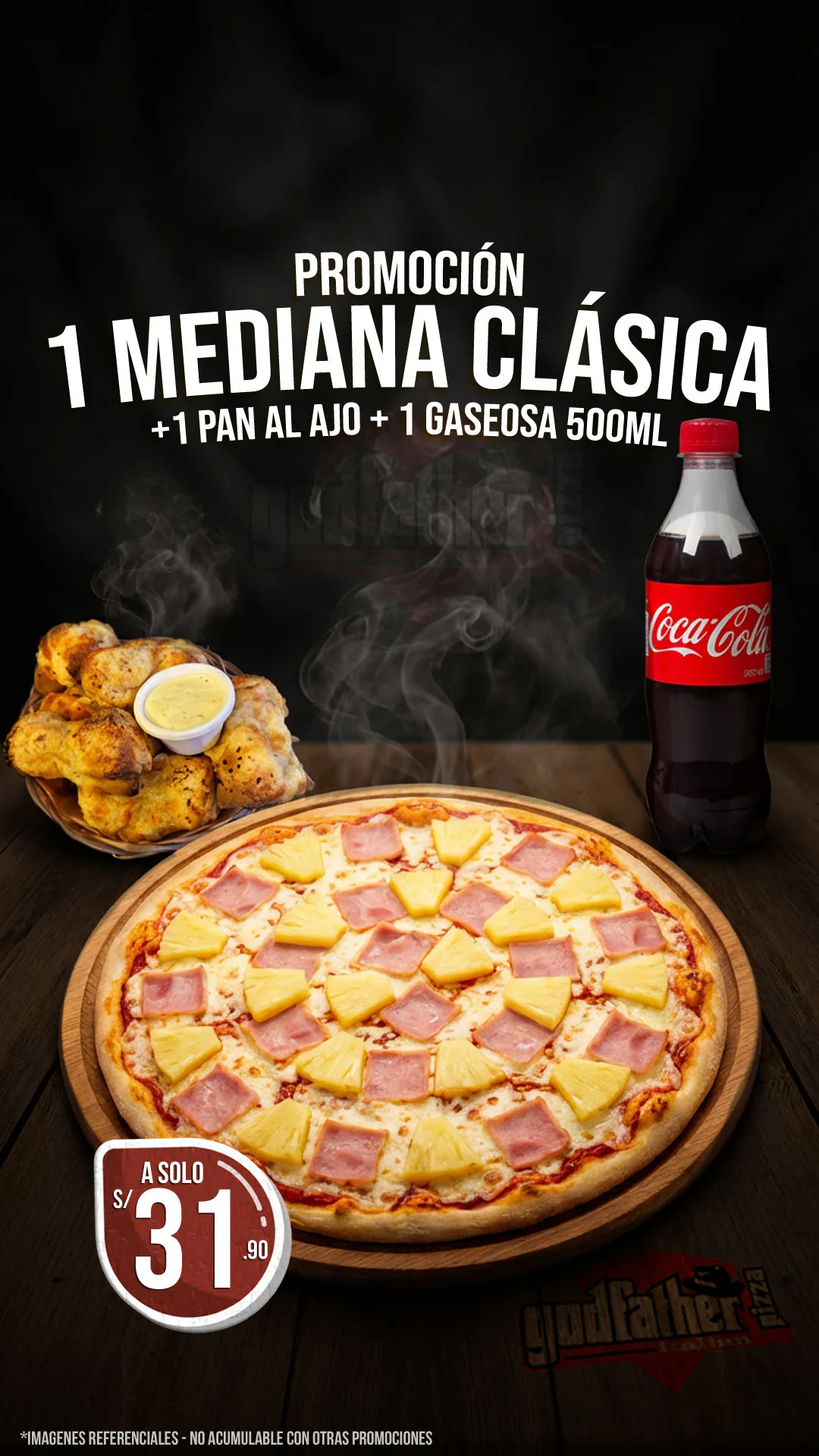 Mediana Clásica con gaseosa y pan al ajo