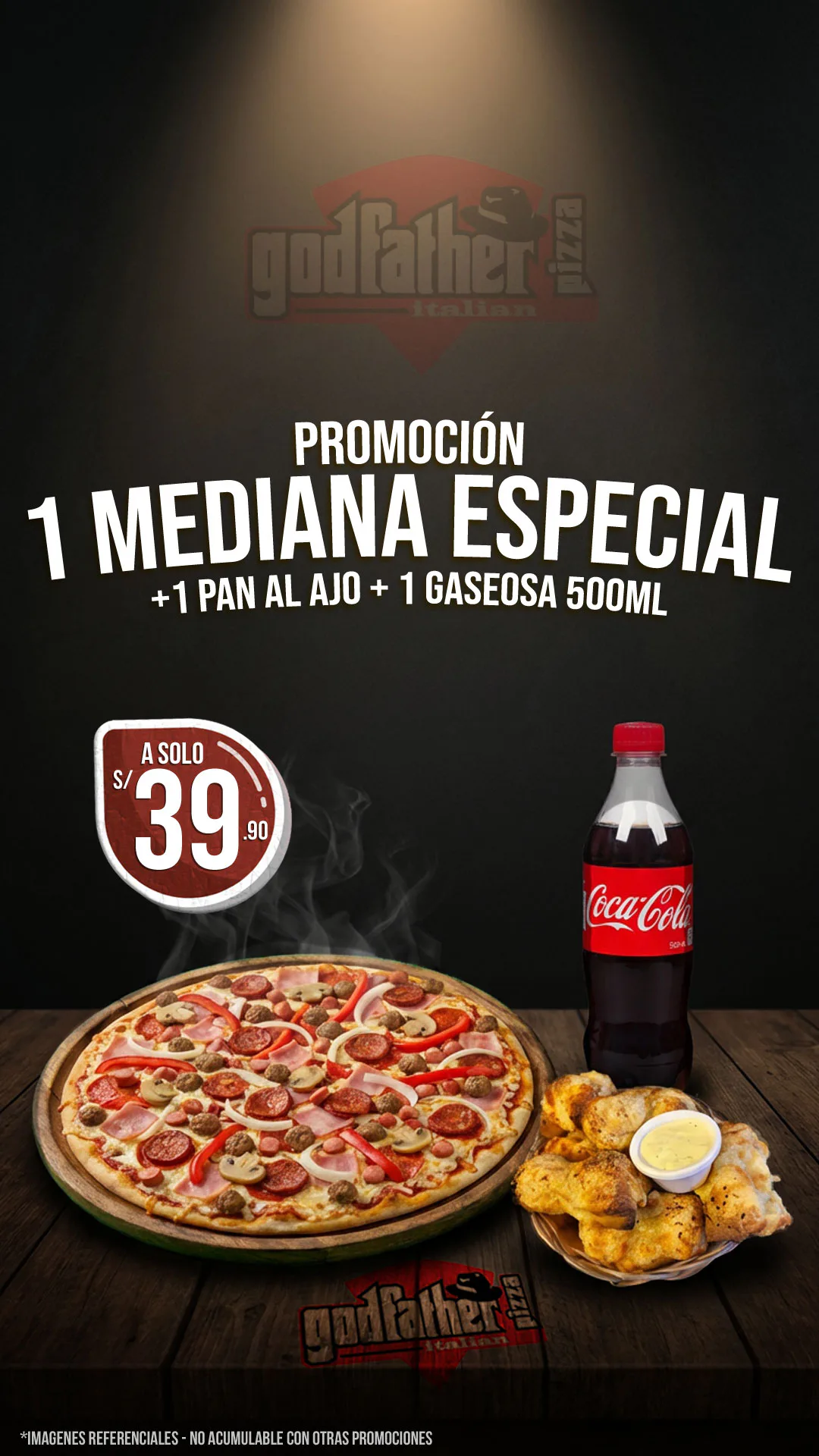 Mediana Especial con gaseosa y pan al ajo