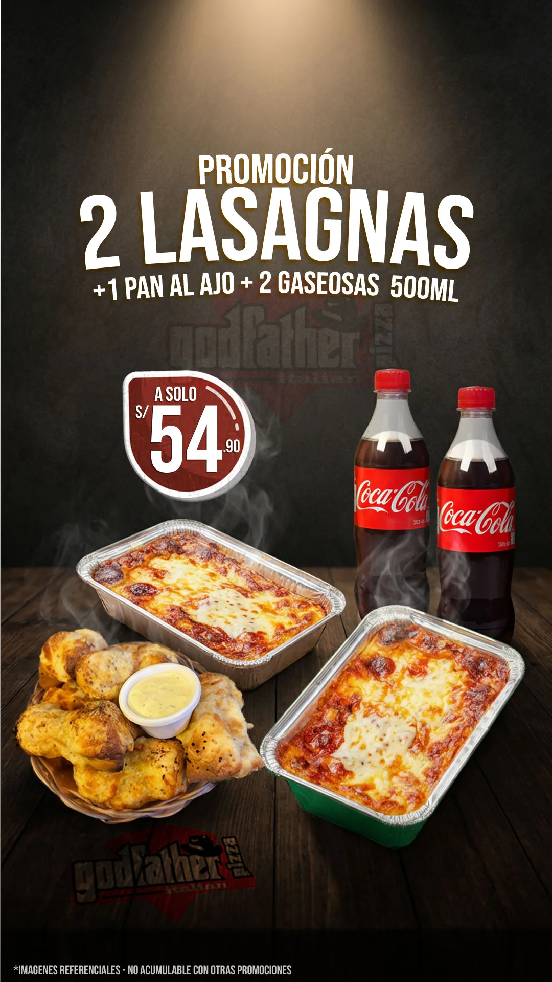 2 lasagnas con panes al ajo y gaseosas